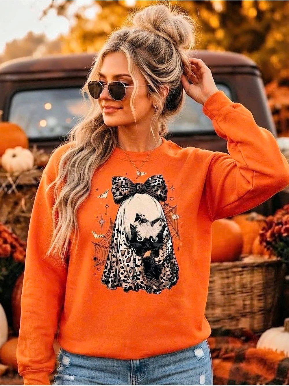 Cute Ghost Cat Halloween Orange Sweatshirt Unisex Leopard Bow Crewneck Jumper
